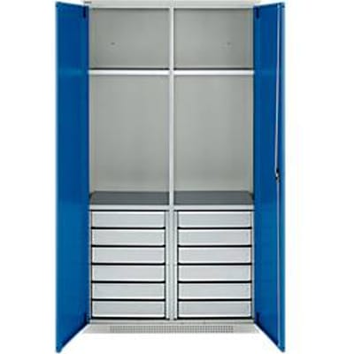 Schäfer Shop Genius materiaalkast FS, 5 OH, afsluitbaar, 4 legborden/12 laden, tot 450 kg, B 1055 x D 520 x H 1950 mm, staal, lichtgrijs/gentiaanblauw