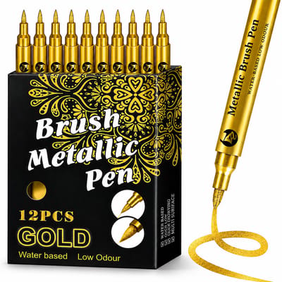 BOTC Brush Pennen Set - 12 Stuks - Acryl Verfstiften met Penseelpunt - Waterbasis Metallic Markers voor DIY, Kaarten, Decoratie en Hobby-Veegvast en watervast - Goud