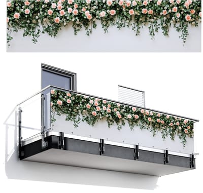 Balkonscherm 300x80 cm - Balkonposter Bloemen - Muur - Rozen - Groen - Balkon scherm decoratie - Balkonschermen - Balkondoek zonnescherm