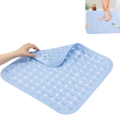 Antislip Douchemat 48 x 48 cm - Vierkante Badmat met Zuignappen, Machinewasbaar en Ideaal voor Douche en Bad, Lichtblauw en Comfortabel