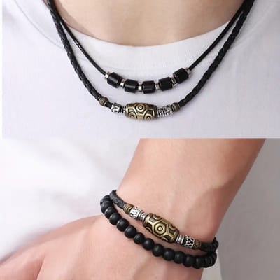 Helin life Klassieke ketting heren - Kettingen &armband set- Schakelketting &armbanden-Kralen kettingen set-Armband heren set-Cadeau voor Man -Metaal&Houten kralen-Mannen Cadeautjes-Retro