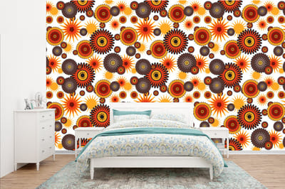 Behang - Fotobehang Design - Retro - Oranje - Bloemen - Breedte 385 cm x hoogte 240 cm