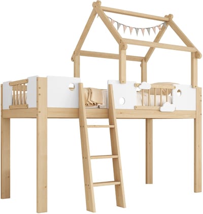 Gutent Hoogslaper - kinderbed - met relingen - uniek dakdesign - met drie treden schuine ladder - grenen frame - grenen + MDF + multiplex - Wit + Natuurlijke kleur - 90x200cm - Zonder matras