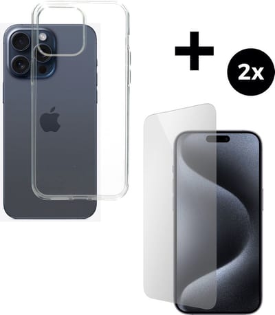 Mobiparts Classic TPU hoesje geschikt voor Apple iPhone 15 Pro Max met 2 Screenprotectors van Gehard Glas - Transparant
