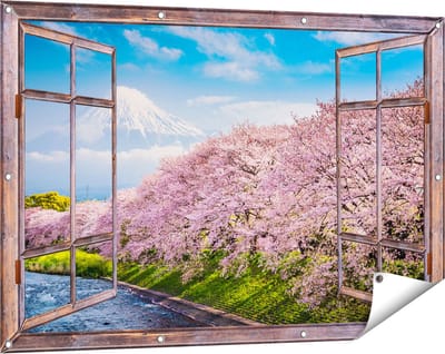 Gards Tuinposter Doorkijk Roze Bloesembomen bij de Fuji Berg - 120x80 cm - Tuindoek - Tuindecoratie - Wanddecoratie buiten - Tuinschilderij