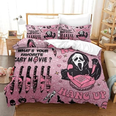 Halloween Beddengoed Set 3-delig Roze Cartoon Skelet Dekbedovertrek Grappige Horror Geest AU King(245x210cm)