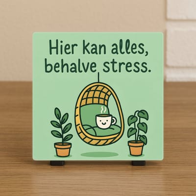 Wenstegel Hier Kan Alles Behalve Stress – Rustig Cadeau voor Thuis of Kantoor - Hip trendy tegeltje - Cadeau voor Nieuwe Woning, Housewarming of Gezinscadeau – Sfeervol en Persoonlijk – Trendy nu – Decoratief Tegeltje met Standaard – Cadeau Idee