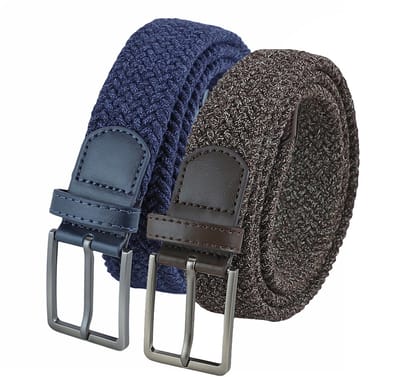 Landley Voordeelset Gemêleerde Elastische Riemen Blauw & Bruin – Luxe Gevlochten Stretch Riemen - Dames & Heren - Duopack - Lengte totaal 110 cm / Riemmaat 95