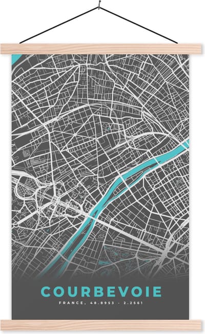 Posterhanger incl. Poster 40x60 cm - Schoolplaat - Courbevoie – Plattegrond – Frankrijk – Kaart – Stadskaart - Textielposter - Blanke latten - Stadskaart