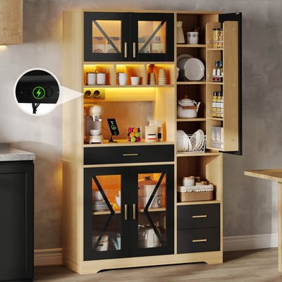 Keukenkast - 185x105x40 cm - met LED, Stopcontacten en Glazen Vakken - Hout - Houtkleur