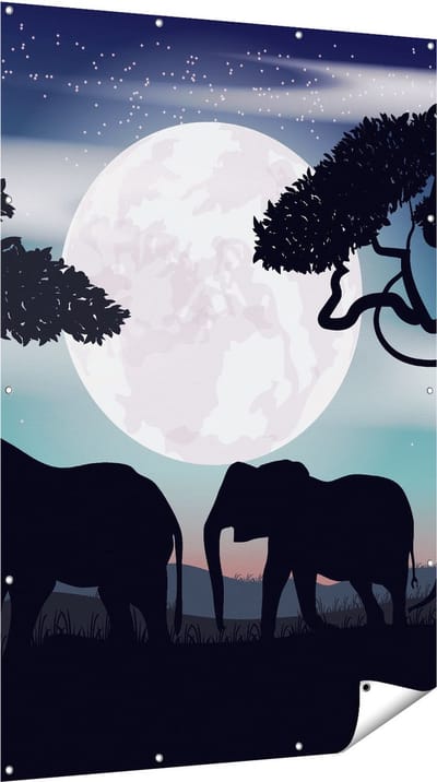 Gards Tuinposter Olifanten Silhouet tijdens Volle Maan - 120x180 cm - Tuindoek - Tuindecoratie - Wanddecoratie buiten - Tuinschilderij