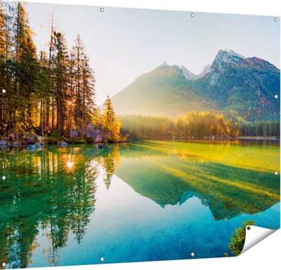 Gards Tuinposter Zonsopgang bij het Meer in de Herfst - 150x120 cm - Tuindoek - Tuindecoratie - Wanddecoratie buiten - Tuinschilderij