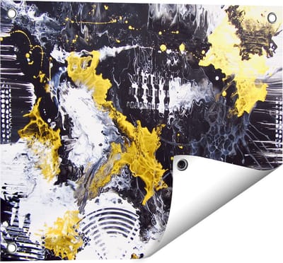 Gards Tuinposter Abstracte Kunst met Zwart, Wit en Goud - 50x40 cm - Tuindoek - Tuindecoratie - Wanddecoratie buiten - Tuinschilderij