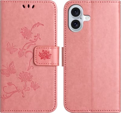 Coverup Hoesje - Geschikt voor iPhone 16 Hoesje - Coverup Bloemen & Vlinders Book Case - Roze