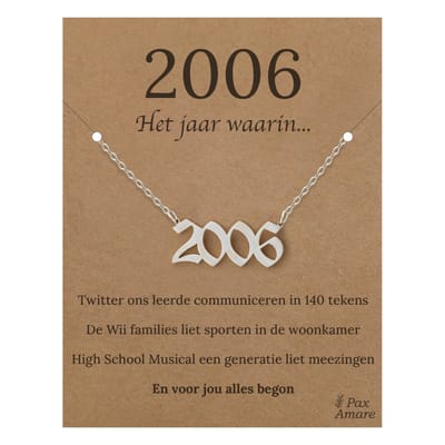 Jaartal 2006 Ketting op Cadeau Kaartje - Zilverkleurig Stainless Steel - 45cm - Met informatie over geboortejaar - Pax Amare