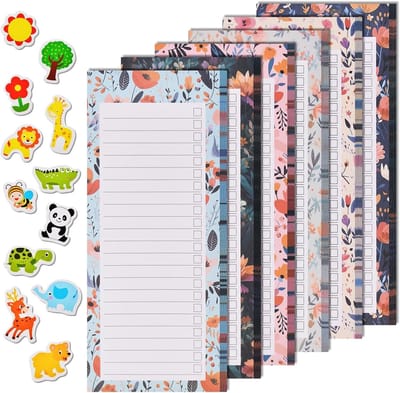 Set van 6 Magnetische Notitieblokken met 12 Koelkastmagneten voor Boodschappen en To-Do Lijsten, 50 Bladen per Blok met Bloemenpatroon