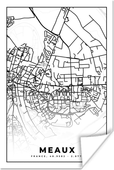 Poster Stadskaart - Meaux - Plattegrond - Kaart - Frankrijk - Zwart wit - 120x180 cm XXL