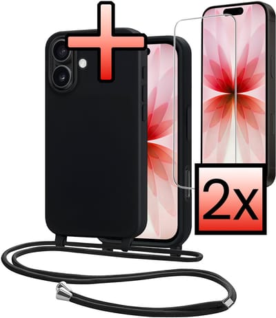 Hoes Geschikt voor iPhone 17 Met Telefoonkoord Met 2x Screenprotector - Siliconen Hoesje Backcover Met Ketting - Zwart