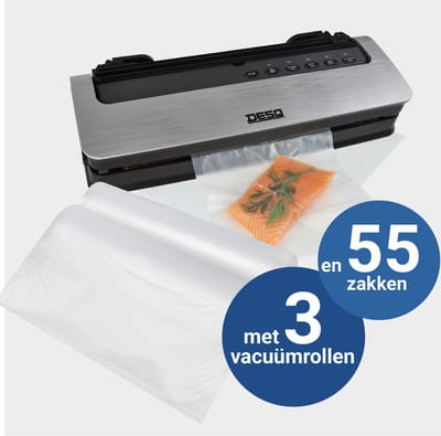 DESQ® Vacumeermachine - Automatisch Vacuümapparaat - 5 Programma's - 80 kPa Zuigkracht - Dubbele Verwarmingsdraden - Rolhouder & Rolsnijder - Vacuümslang - Inclusief 55 Vacuümzakken & 3 Vacuümrollen