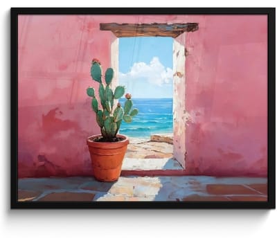 Poster in lijst - Fotolijst 70x50 cm - Posters - Zee - Roze - Cactus - Posterlijst zwart - Decoratie - Wanddecoratie woonkamer - Muurdecoratie slaapkamer