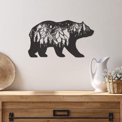 Wanddecoratie Beer - Muurdecoratie Beer - Muurdecoratie Bergen - Wanddecoratie Bergen - Muurdecoratie Hout - Wanddecoratie Hout - Wanddecoratie Industrieel - Wanddecoratie Dieren - Home Decor - Wall Line Art - 49 x 27.5 cm