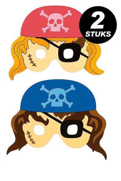 2x Piratenmasker Kinderen – Set Verkleedmaskers Piraat Blauw & Roze – Schuim Maskers voor Verjaardag, Carnaval & Feest