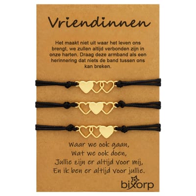 Bixorp Friends Vriendschapsarmbandjes voor 3 met Goudkleurige Hartjes Zwart Bandje - BFF ArmbandMeisjes - Best Friends Armband Vriendschap Cadeau voor Drie