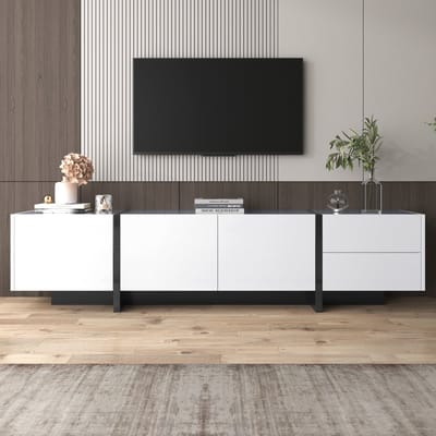 Sweiko TV kast, paneel met kleur geblokkeerde poten in hoogglans wit en zwart, met deuren en laden, deuren met planken, Eenvoudig lijnontwerp