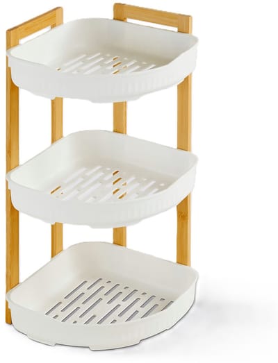 5Five Badkamer douche rekje - 3 laags - hoekmodel - wit - kunststof/bamboe - 29 x 22 x 45 cm