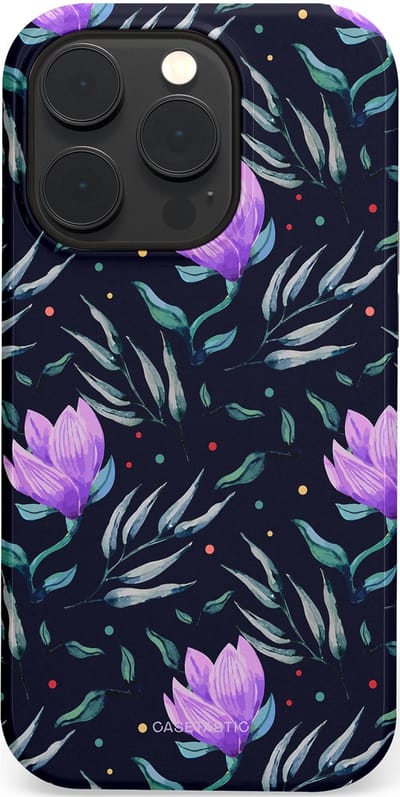 Casetastic hoesje geschikt voor Apple iPhone 14 Pro - MagSafe - Dubbellaagse bescherming - Mystieke bloemenzee - Fashion Case - Donkerblauw Donkergrijs Grijs Lavendel