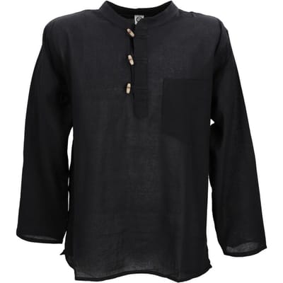 Guru-Shop Longsleeve - Nepal Fischerhemd, Goa Hippie Hemd, Yogahemd, Freizeithemd - schwarz - M tot XL - voor Mannen - zwart
