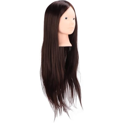 Tête de mannequin à cheveux longs bruns, tête d'entraînement à la coiffure synthétique haute température pour