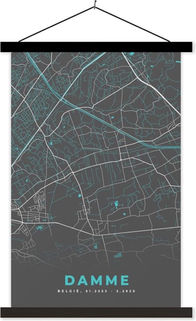 Posterhanger incl. Poster 40x60 cm - Schoolplaat - Kaart – Plattegrond – Stadskaart – Damme – België - Grijs - Textielposter - Zwarte latten - Stadskaart