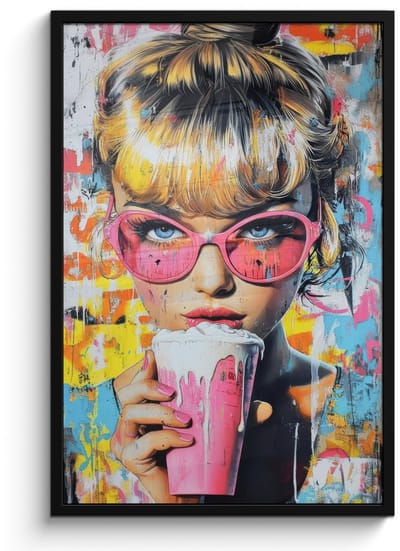 Poster in lijst - Fotolijst 60x90 cm - Posters - Expressief - Milkshake - Vrouw - Felle kleuren - Posterlijst zwart - Decoratie - Wanddecoratie woonkamer - Muurdecoratie slaapkamer