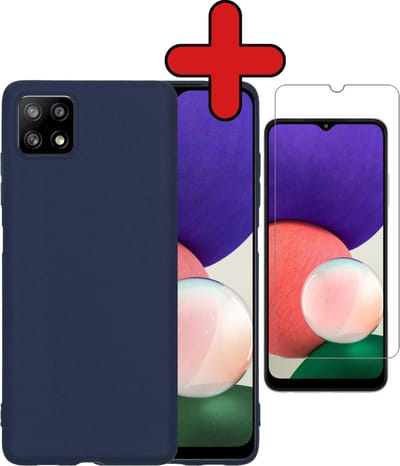 Hoesje - Met Screenprotector - Geschikt voor Samsung Galaxy A22 5G - Sterk & Shockproof - Telefoon Hoes - Back Cover - Siliconen Case - Telefoonhoes - Donkerblauw