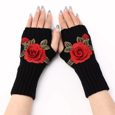 Vingerloze Gebreide Handschoenen voor Dames – Warme Wollen Polswarmers met Geborduurde Bloemen – Herfst Winter Mode Accessoire