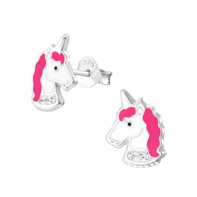 Aramat Jewels | Oorbellen | Unieke Zilveren Unicorn Oorbellen - Wit & Donker Roze | | | |7mm | Zilver | Kinderen | Verkleurd niet