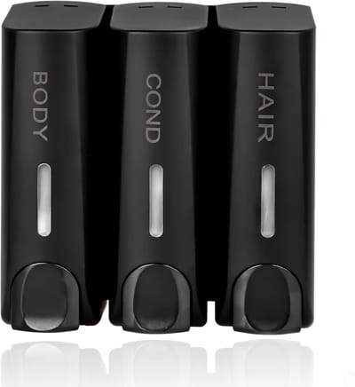 Famanu – Douchewand zeepdispenser 3-in-1, 360 ml, wandmontage met lijm, voor shampoo en conditioner, zwart