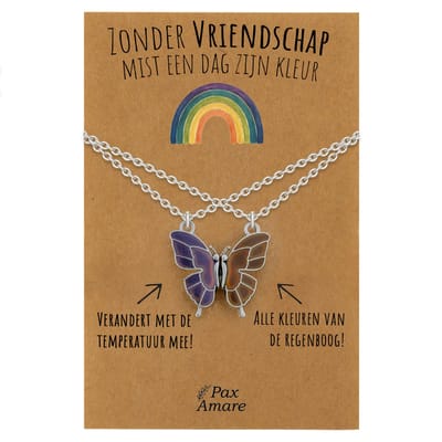BFF Ketting voor 2 'Zonder vriendschap mist een dag zijn kleur' - Vlinder VERANDERT VAN KLEUR - Vriendschapsketting op Cadeau Kaartje - 45cm + 5cm verstelbaar - Zilverkleurig - Best Friends Hanger - Pax Amare