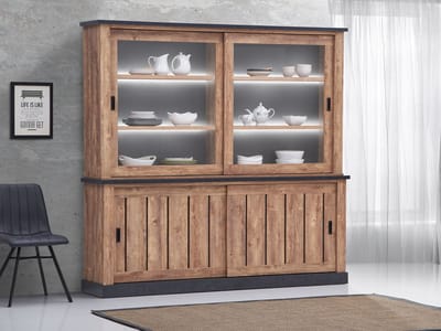 Belfurn - Etienne - Grote Wandkast met glasdeuren in mango decor met zwarte profielen