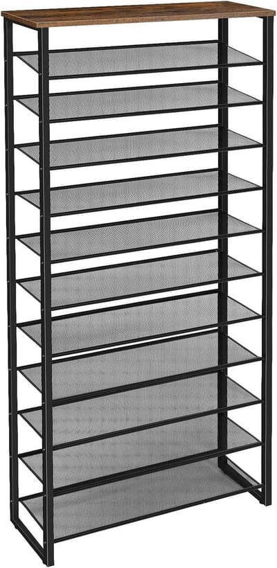Groot schoenenrek, 12 niveaus schoenrek, schoenenkast hoog, voor 35-45 paar schoenen, metalen frame, industriële stijl, voor hal, woonkamer, slaapkamer, vintage bruin-zwart EBF127XJ01