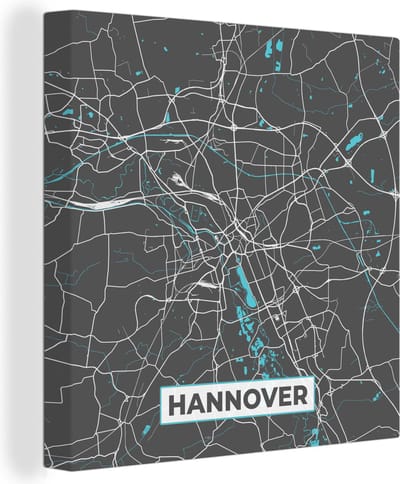 Canvas Schilderij Blauw – Duitsland – Plattegrond – Stadskaart – Kaart – Hannover - 20x20 cm - Wanddecoratie