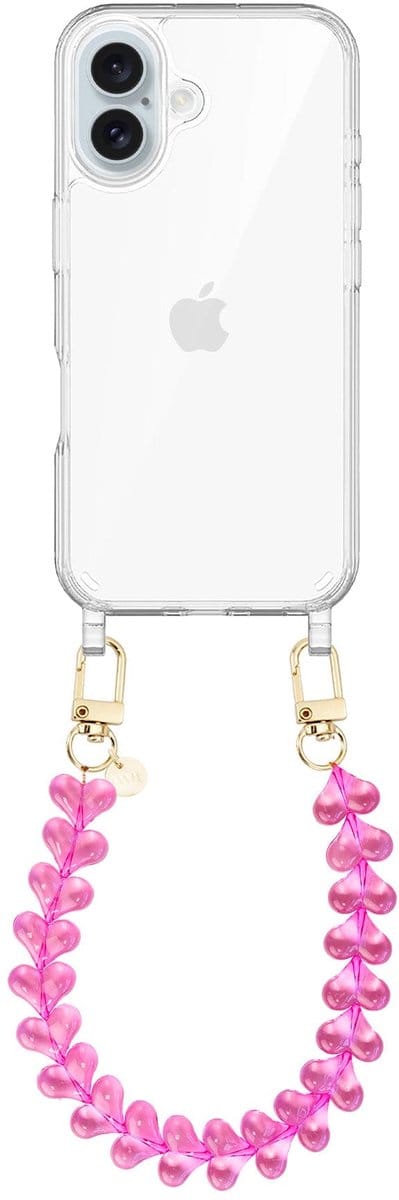 xoxo Wildhearts siliconen hoesje - Geschikt voor iPhone 17 hoesje - Funky Hearts - Telefoonhoesje - Hoesje met koord - Transparant roze koord - kort telefoonkoord - Hartjes ketting - Transparant hoesje