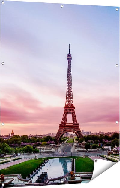 Gards Tuinposter Eiffeltoren in Parijs met Kleurrijke Hemel - 90x120 cm - Tuindoek - Tuindecoratie - Wanddecoratie buiten - Tuinschilderij