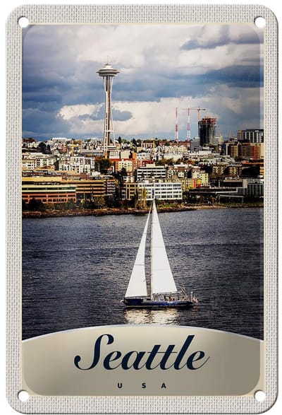 Blechschild Reise 12x18cm Seattle USA Boot Schiff Stadt Meer Schild