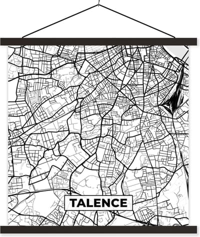 Posterhanger incl. Poster 60x60 cm - Schoolplaat - Frankrijk - Kaart - Plattegrond - Stadskaart - Talence - Zwart wit - Textielposter - Zwarte latten - Stadskaart