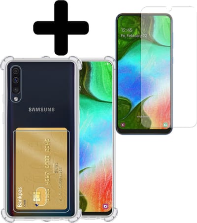 Hoesje - Geschikt voor Samsung Galaxy A50 / A50s - Met Screenprotector - En Pashouder - En Kaarthouder - Telefoon Hoes Shockproof - Siliconen Case - Back Cover - Shock Proof - Pasjes Houder - Telefoonhoesjes - Transparant