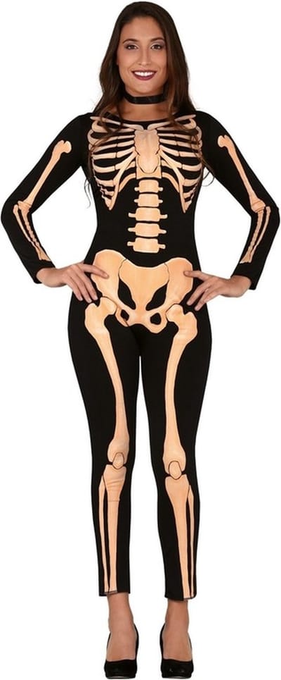 Zwart/oranje skelet verkleed kostuum voor dames - Geraamte/botten print - Halloween/horror verkleedkleding M/L