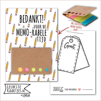 Kaartkadootje -> Memo-blokje - No:11 (Bedankt voor de Memorabele tijd - Potloodjes, Geel) - LeuksteKaartjes.nl by xMar
