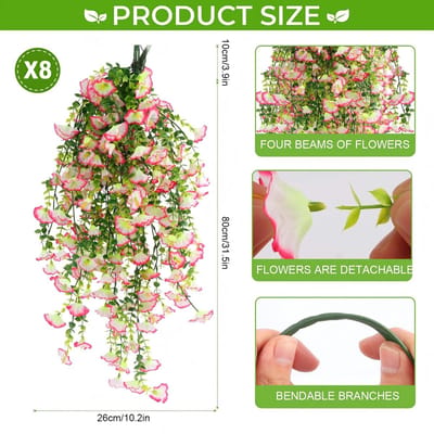 petunia, 8 stuks, roze, 80 cm, kunstmatige hangplanten, kunstplant, hangende en hangplant, ideaal voor balkon- en buitendecoratie